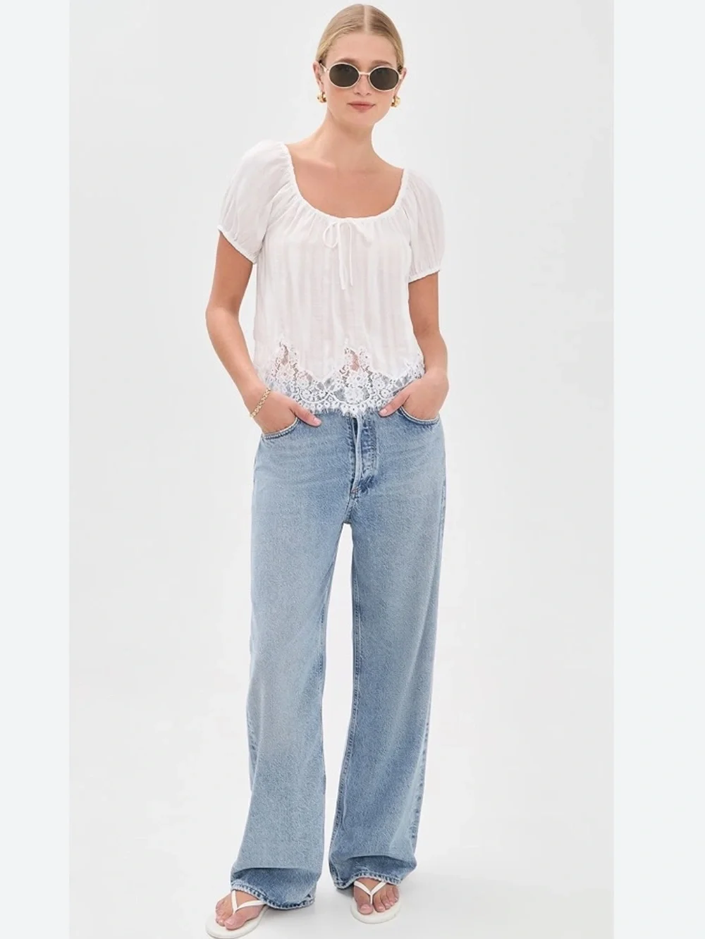 Reformation Rhia Lace Trim Top White Size XL